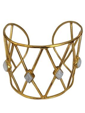 Gold Tone Designer Marked Open Lattice Style Bezel Set Stones Cuff Bracelet K327